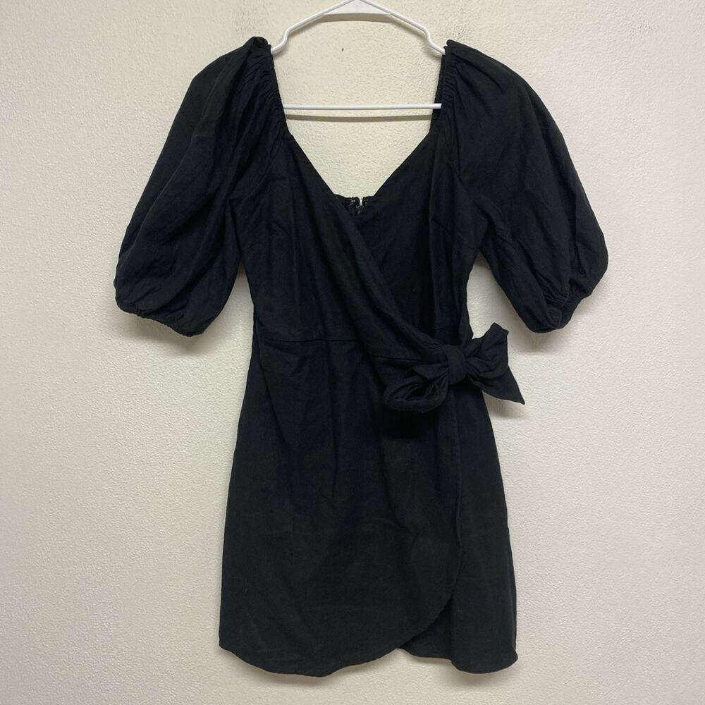 Abercrombie & Fitch Black Linen Lined Faux Wrap Mini Dress Womens Small